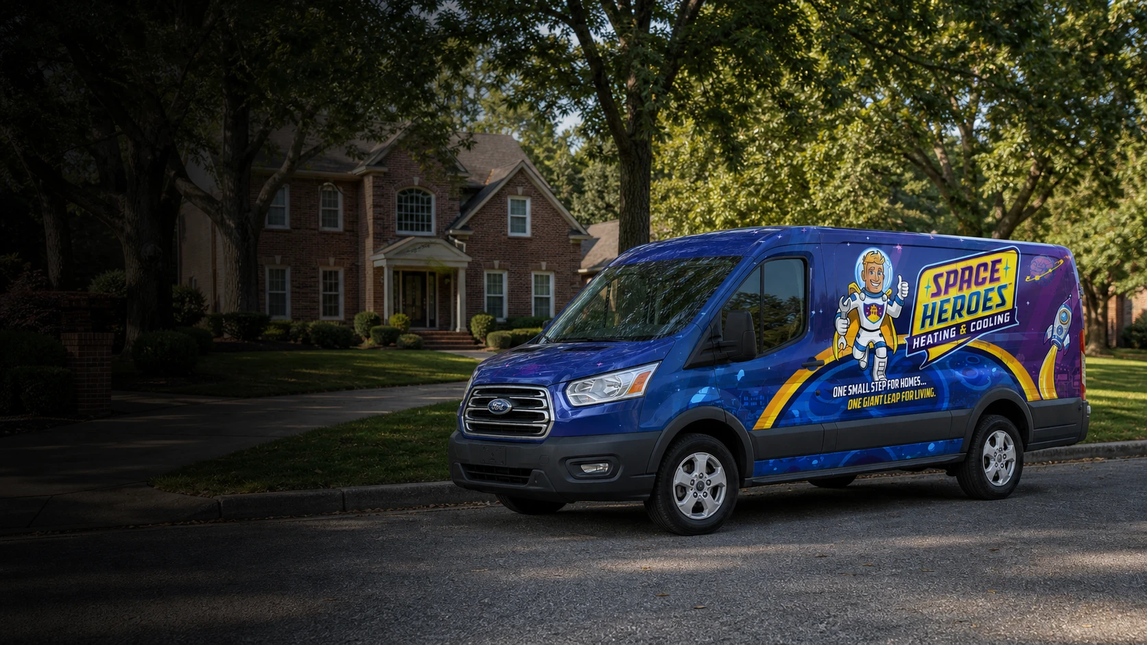 Space Heroes service van parked outside a home in Huntsville, Alabama