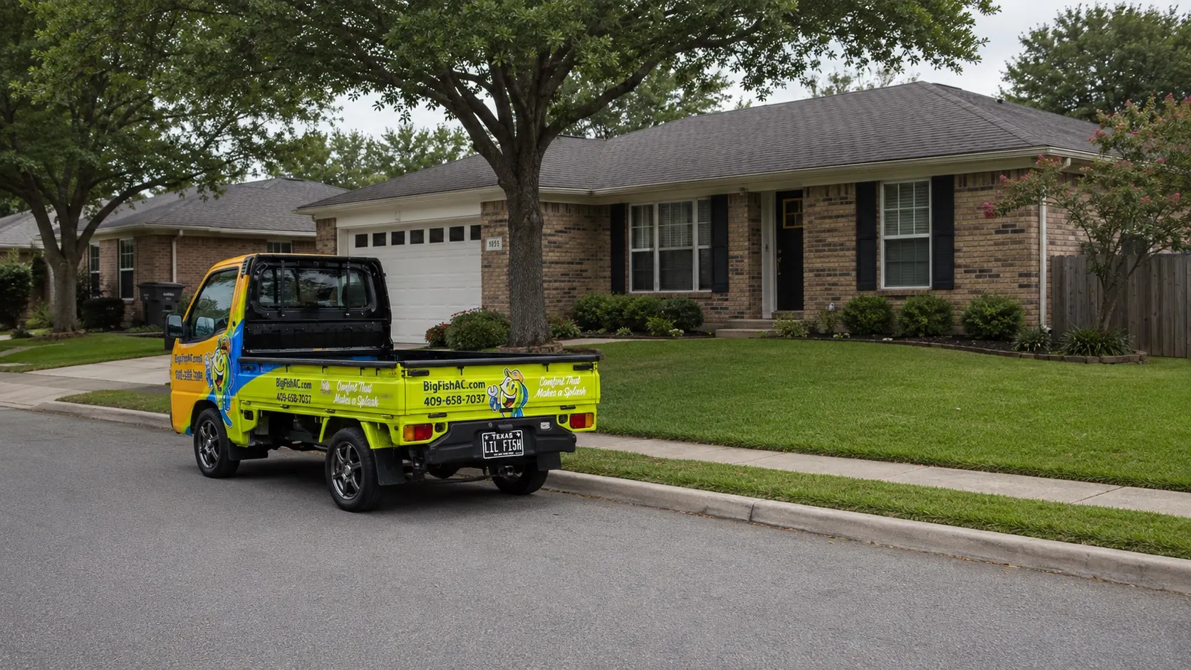 Green and yellow Big Fish service truck parked on a residential street